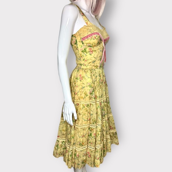 Kitten D’Amour Cottage Core, Fairy, Yellow Floral, Pink Lace Bow Dress - Picture 7 of 11